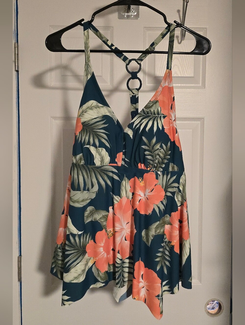 Floral Halter Tankini Top - Teal with Coral Hibiscus